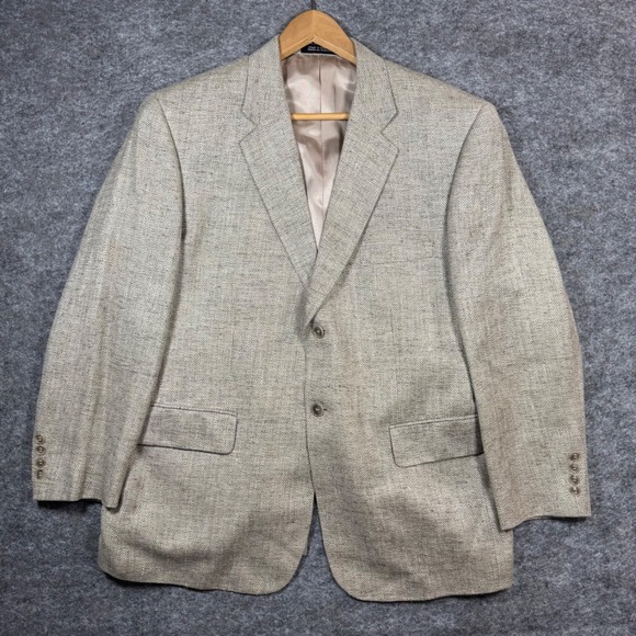 Stafford Other - Stafford 100% Silk Blazer Jacket Mens 42S Herringbone Beige Tan Sport Coat